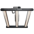 Black Mars Hydro FC-E1500 LED grow light with three angled light panels, a central control knob, and hanging power cords