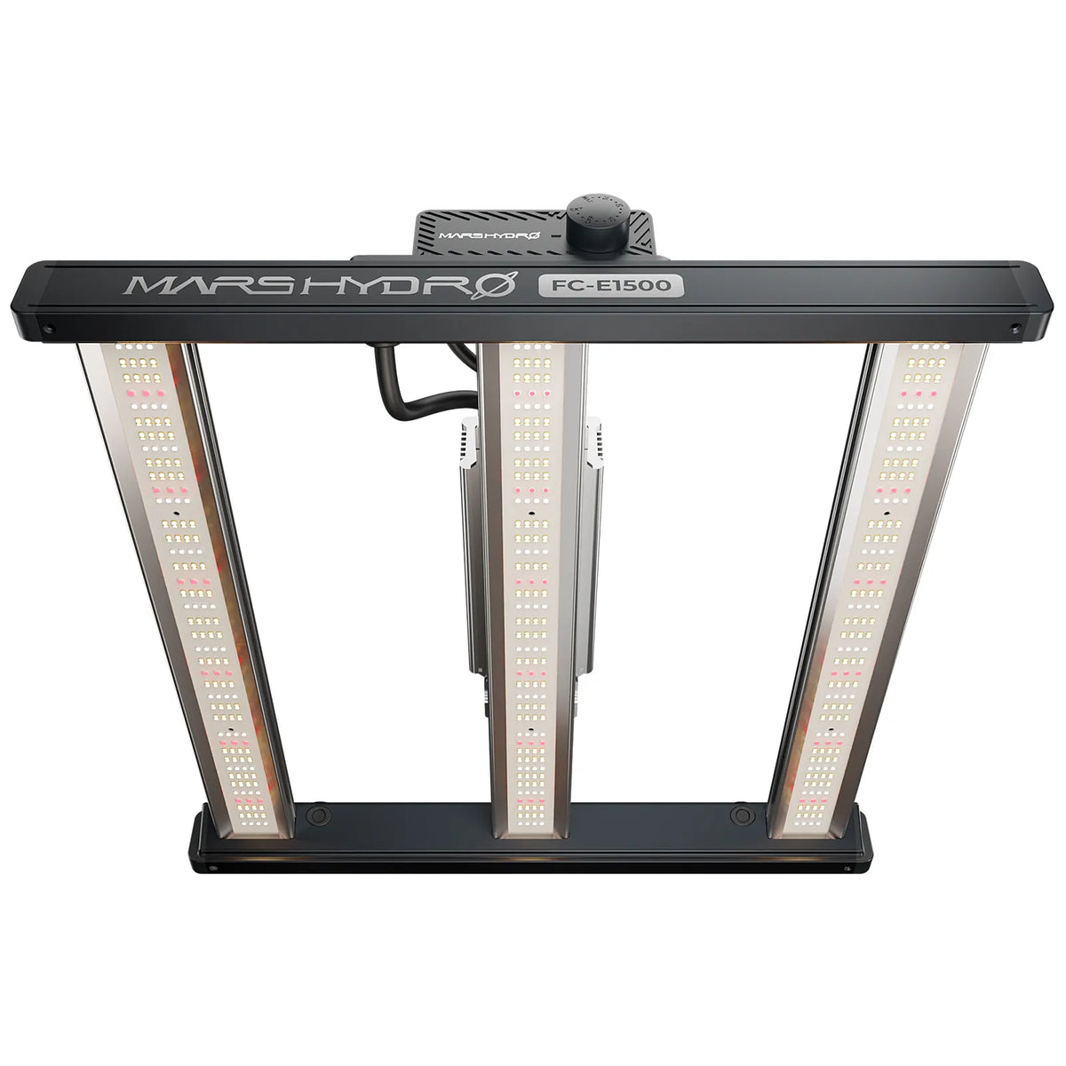 Black Mars Hydro FC-E1500 LED grow light with three angled light panels, a central control knob, and hanging power cords