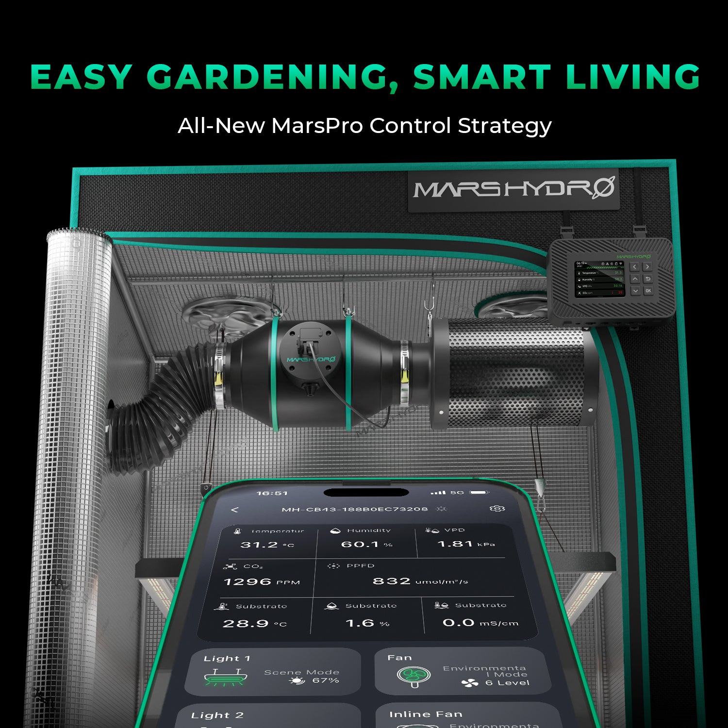 Mars Hydro iFresh smart ventilation set featuring a 150 mm duct fan and filter, displayed with a sleek black design and modern controller.