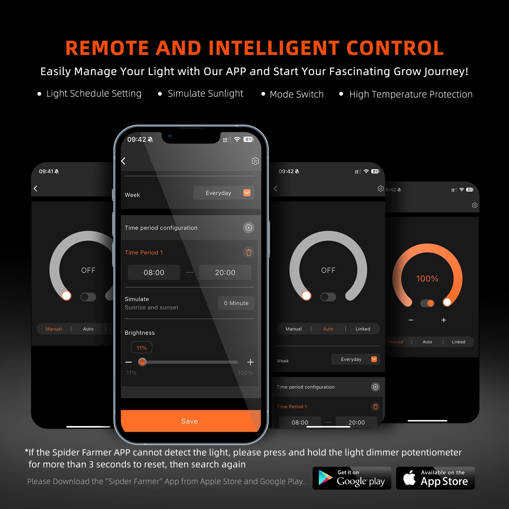 Spider Farmer App Interface für WiFi Steuerung der G1500 Helligkeit