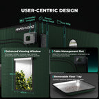 Mars Hydro grow tent setup with green fabric, showing viewing window and controller power strip inside for indoor cultivation