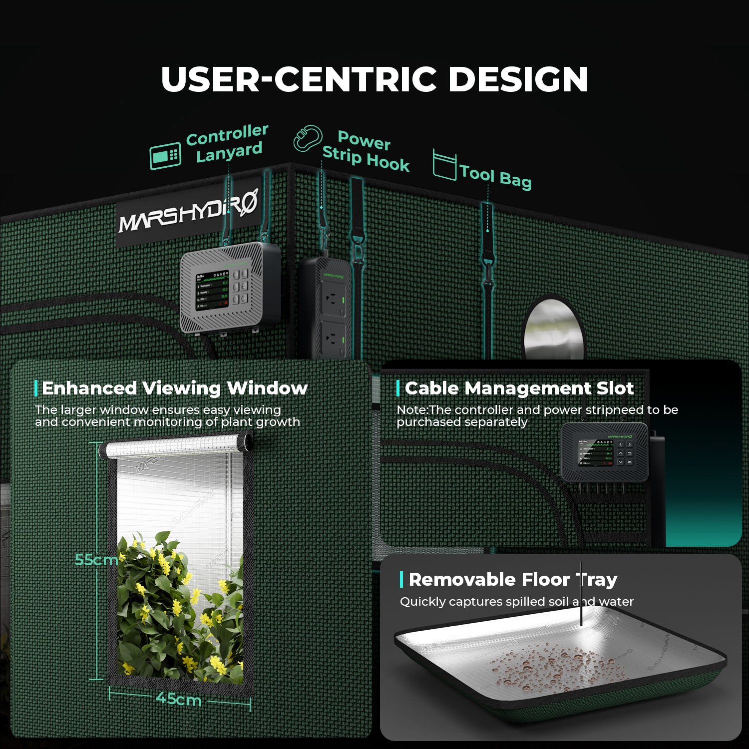 Mars Hydro grow tent setup with green fabric, showing viewing window and controller power strip inside for indoor cultivation