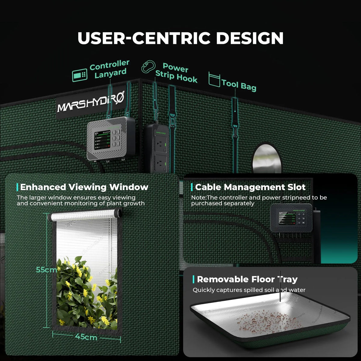 Mars Hydro grow tent setup with green fabric, showing viewing window and controller power strip inside for indoor cultivation