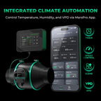 Climate automation system with black controller, cylindrical device, and smartphone app displaying temperature and humidity