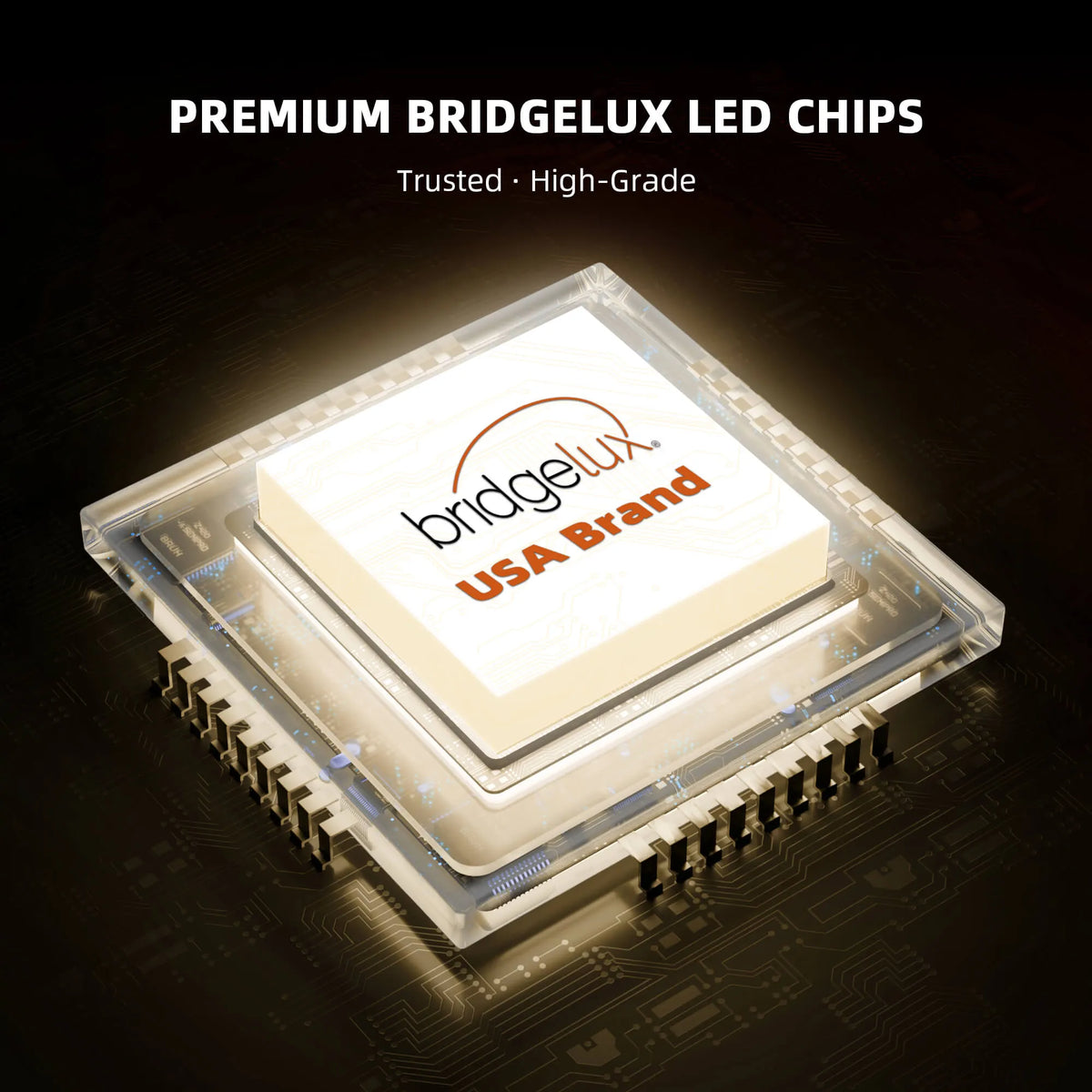 Close-up of a square LED chip package with a white center, transparent layered housing, and rows of metal pins