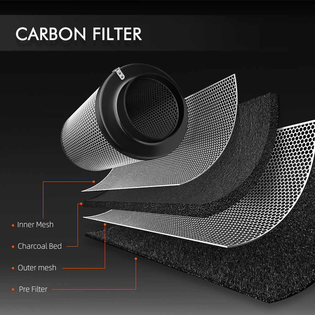 Spider Farmer 150mm carbon filter featuring a charcoal bed and durable mesh layers — designed for efficient air purification with optimal airflow.