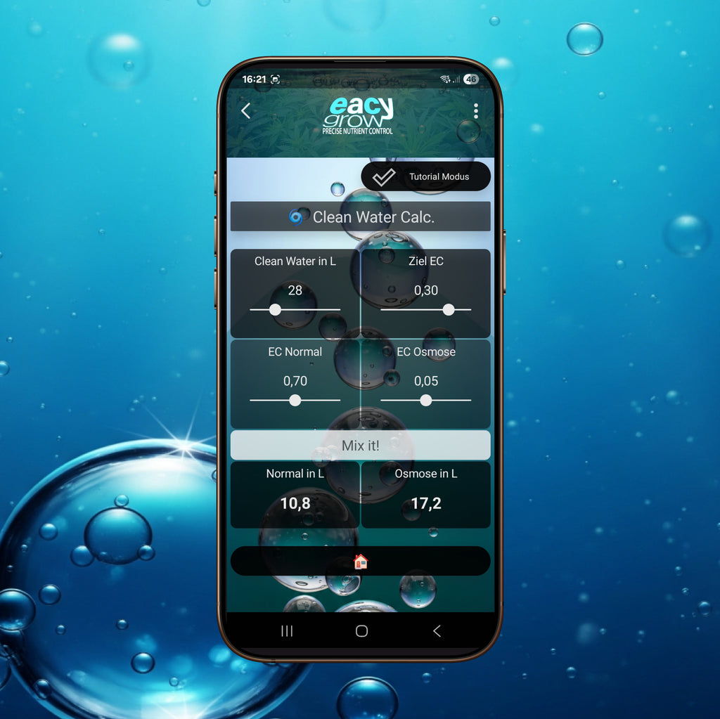 Der eacygrow Clean Water Calculator zur Optimierung des Ausgangswassers – Berechnet präzise das Mischverhältnis zwischen Osmose- und Leitungswasser, um den idealen Basis-EC-Wert für eine stabile und saubere Nährstofflösung zu erzielen.