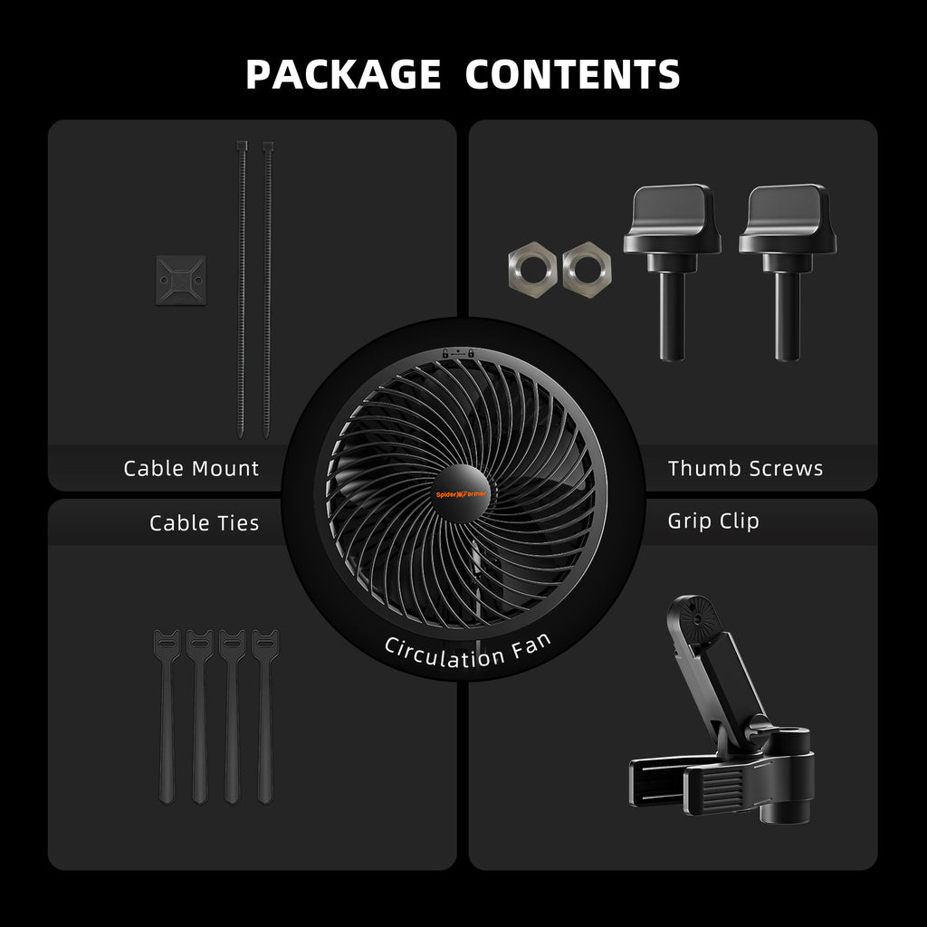 Lieferumfang eines professionellen Spider Farmer Clip-Ventilators für Growboxen. Die Übersicht zeigt den Umluftventilator (Circulation Fan) inklusive Montage-Zubehör wie Grip-Clip, Kabelbinder (Cable Ties), Kabelhalterungen (Cable Mount) und Flügelschrauben (Thumb Screws) für eine optimale Luftzirkulation im Indoor-Grow.