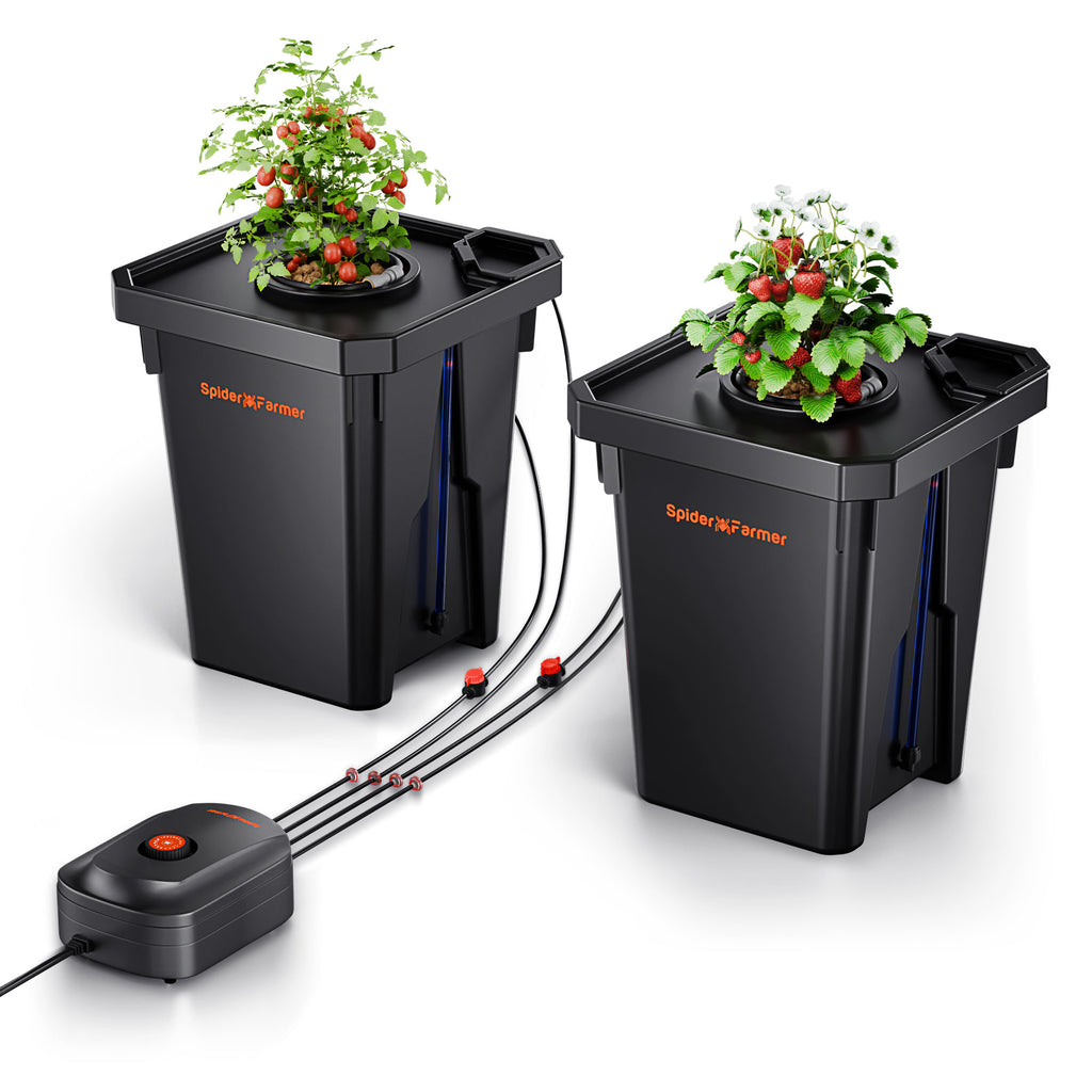 Spider Farmer 2-Eimer DWC Hydroponik-System – Kompaktes Deep Water Culture Set mit 26,5 Liter Fassungsvermögen und Top-Drip-Kit für maximale Nährstoffeffizienz auf engem Raum.