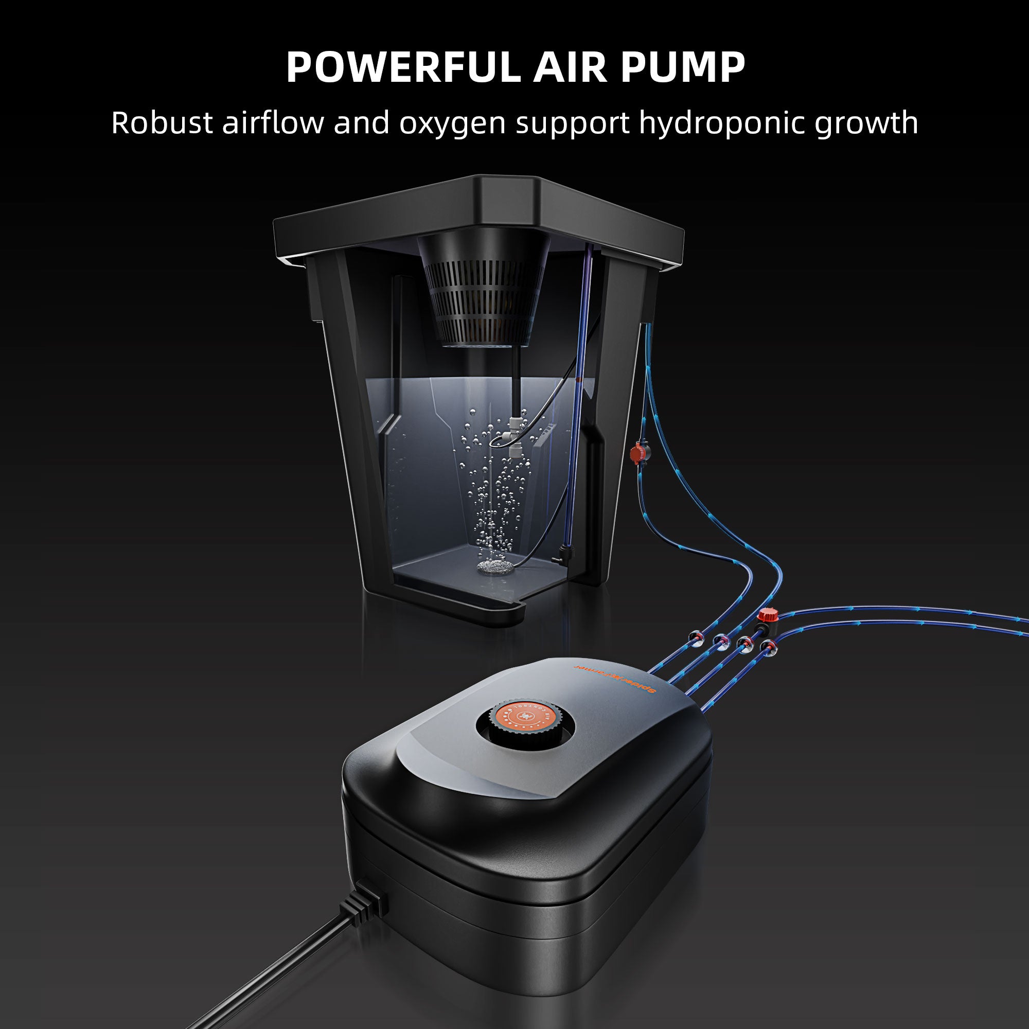 Leistungsstarke 8W Luftpumpe mit einstellbarem Luftstrom – Versorgt die Wurzeln in beiden DWC-Eimern über Ausströmersteine mit lebensnotwendigem Sauerstoff.