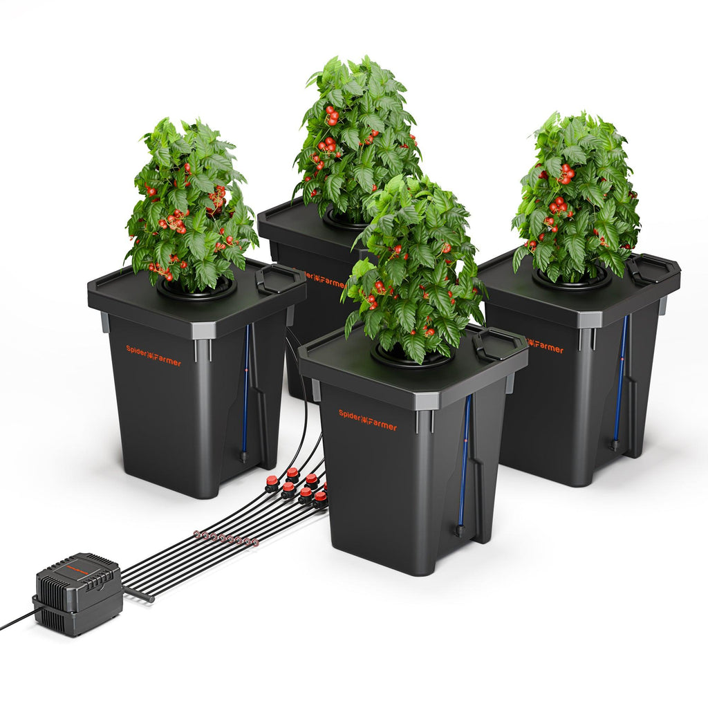 Spider Farmer 4-Eimer DWC Hydroponik-System – Professionelles Deep Water Culture Kit mit 26,5 Liter Fassungsvermögen und integriertem Top-Drip-Bewässerungssystem.