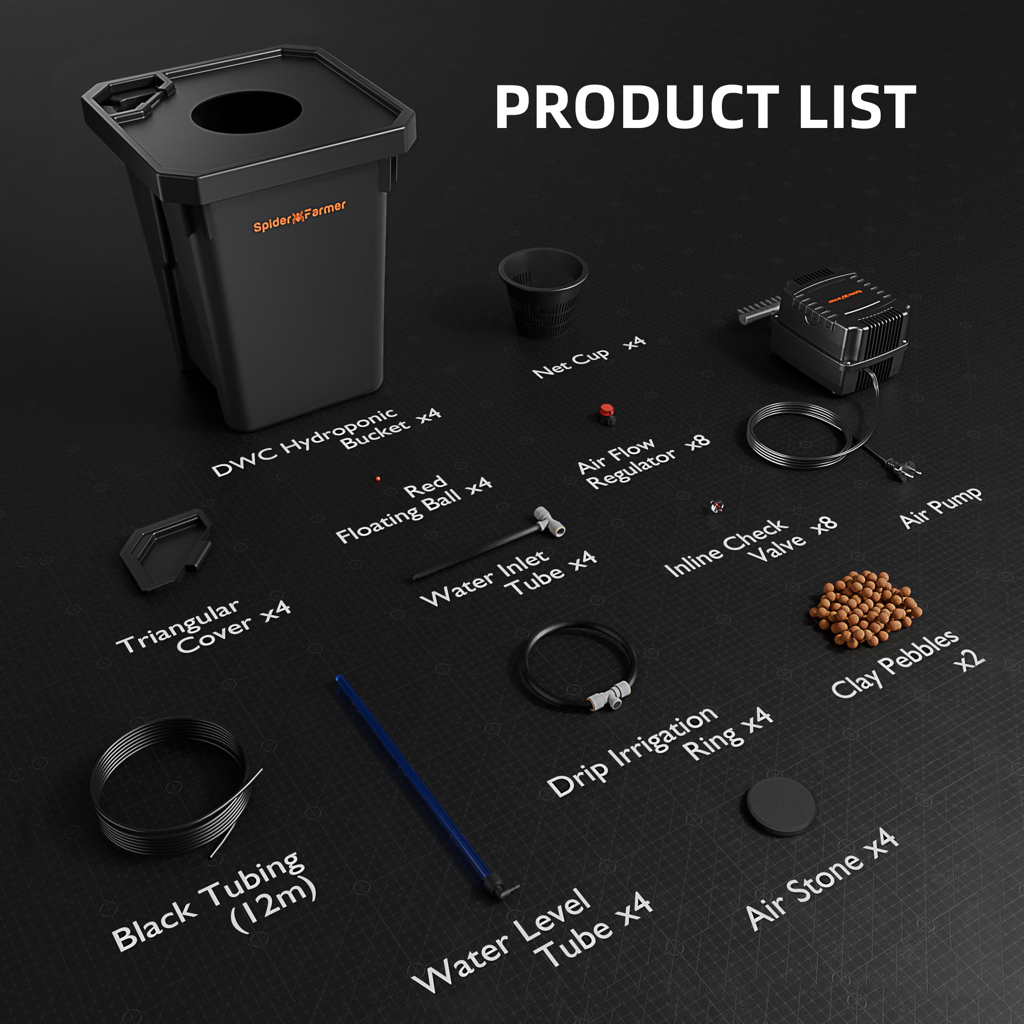 Lieferumfang des 4-Eimer Spider Farmer DWC-Kits: Eimer, Deckel, Luftpumpe, Ausströmersteine, Tonkiesel und Zubehör – Alles für den Start in die High-Performance Hydroponik.