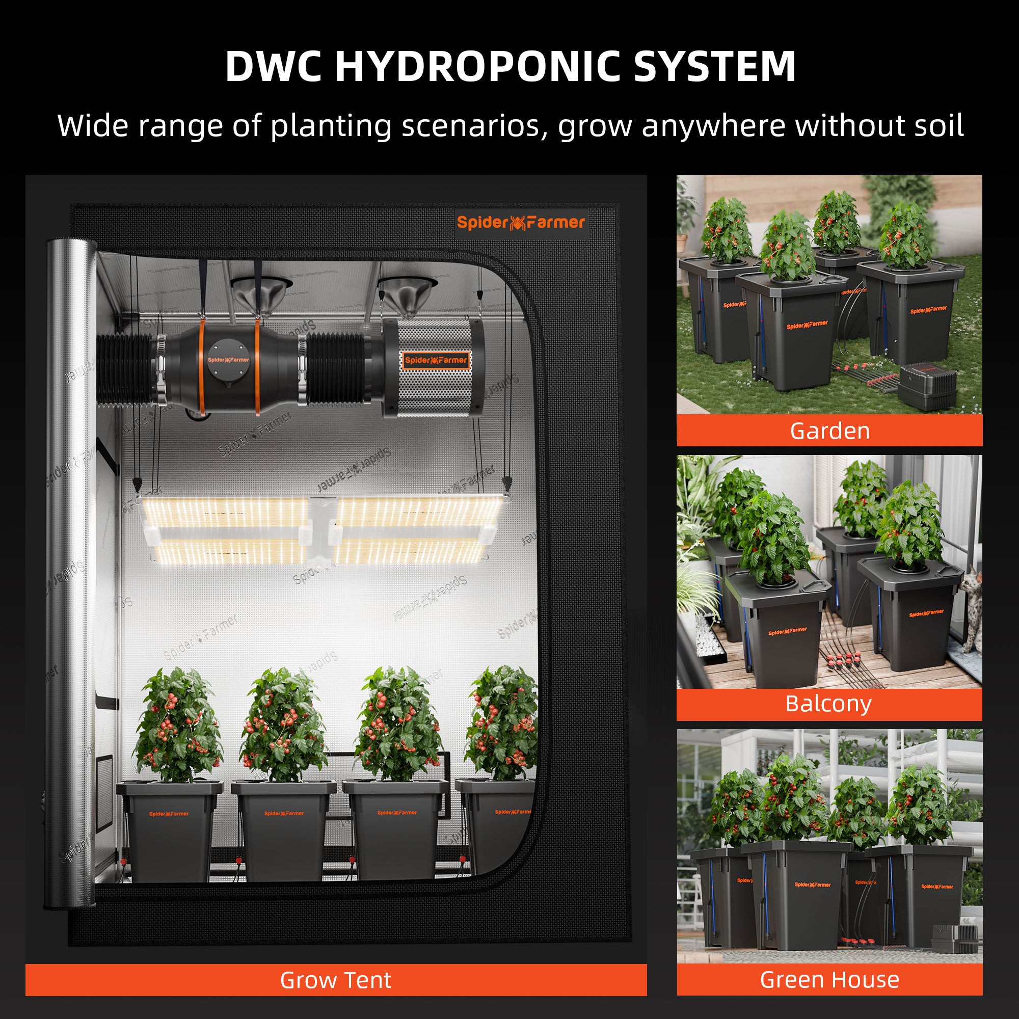 Spider Farmer 4-Eimer DWC Hydroponik-System – Professionelles Deep Water Culture Kit mit 26,5 Liter Fassungsvermögen und integriertem Top-Drip-Bewässerungssystem.