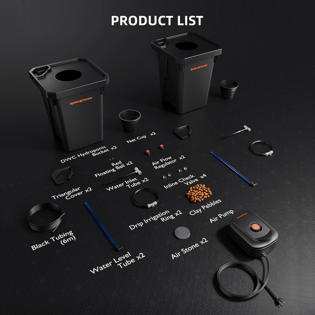 Lieferumfang des Spider Farmer 2-Eimer DWC-Kits: 2 Eimer, Deckel, Luftpumpe, Luftsteine und Tropfringe – Das ideale Starter-Set für High-End Hydro-Grower.