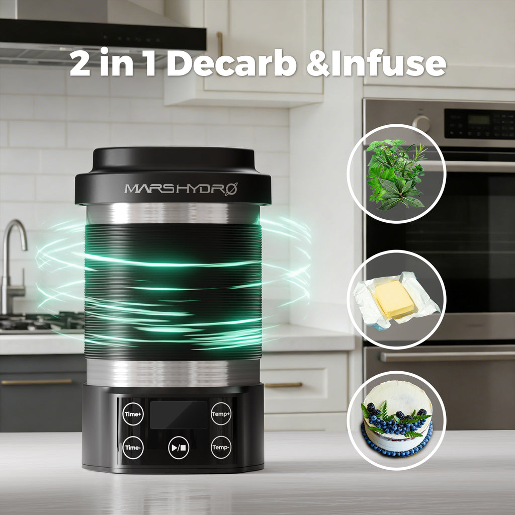 Mars Hydro Decarboxylator & Infuser with sleek black design — smart kitchen appliance featuring a user-friendly interface and vibrant LED lighting.