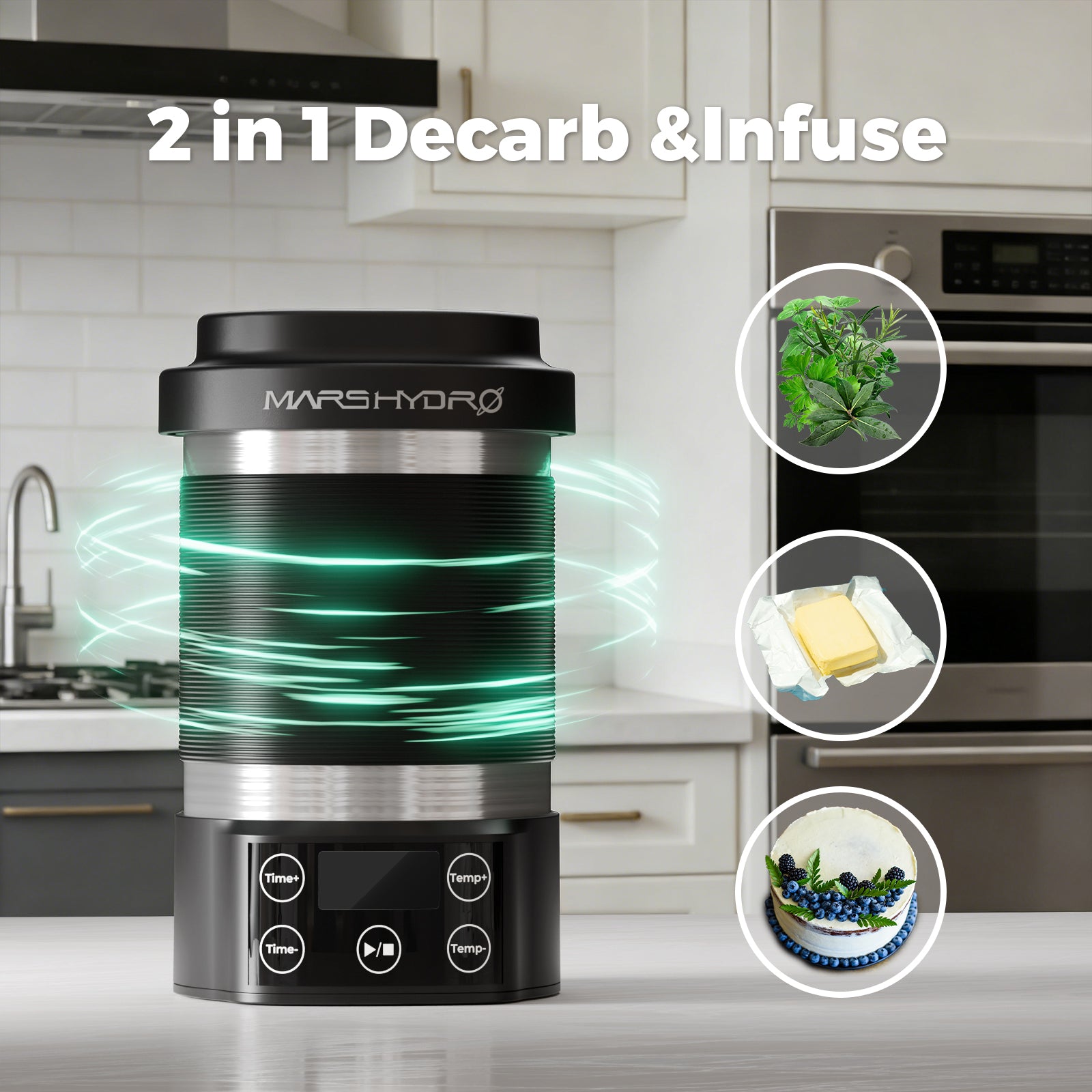 Mars Hydro Decarboxylator & Infuser with sleek black design — smart kitchen appliance featuring a user-friendly interface and vibrant LED lighting.