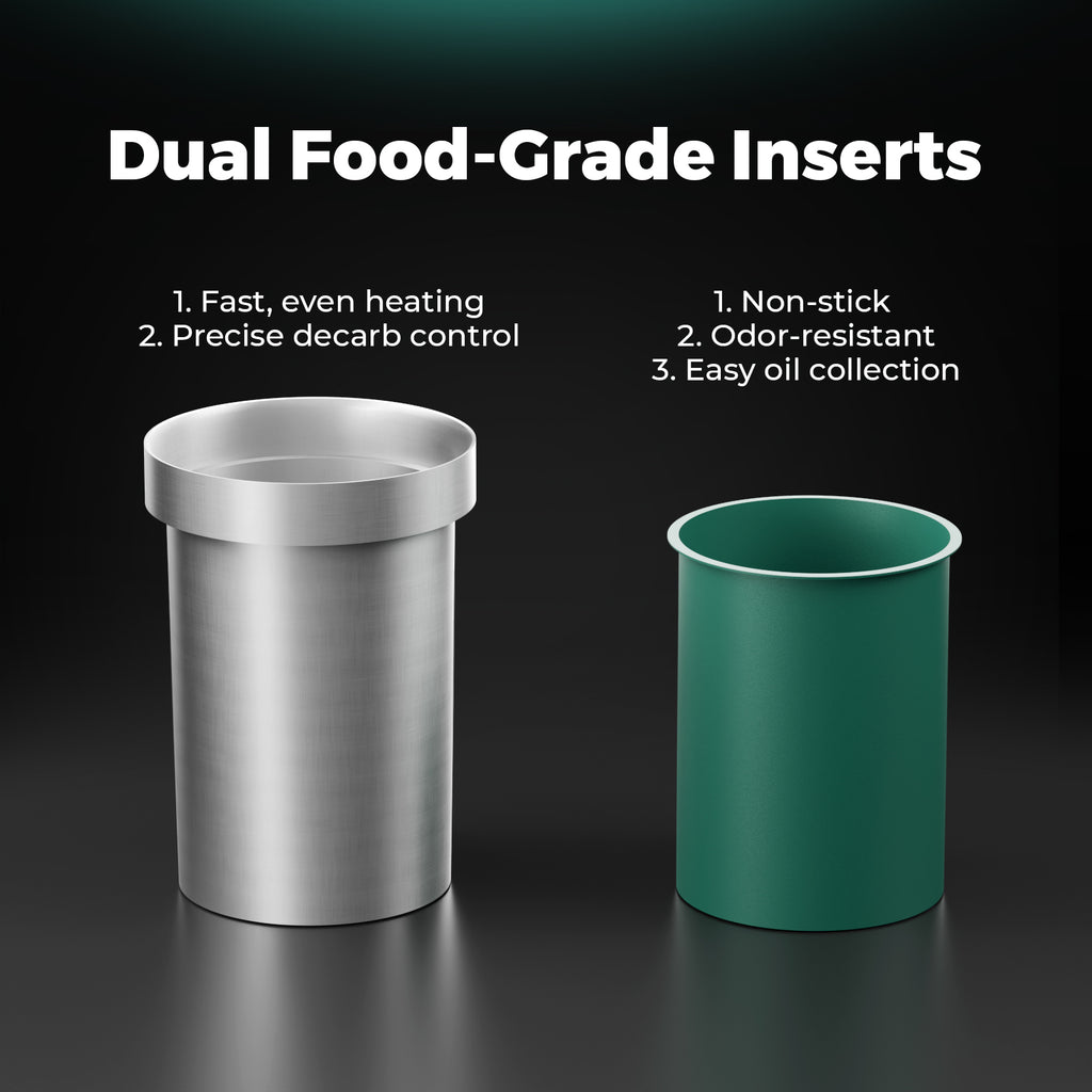 Mars Hydro Decarboxylator & Infuser featuring dual food-grade inserts — one stainless steel for even heating and one green for easy oil collection.