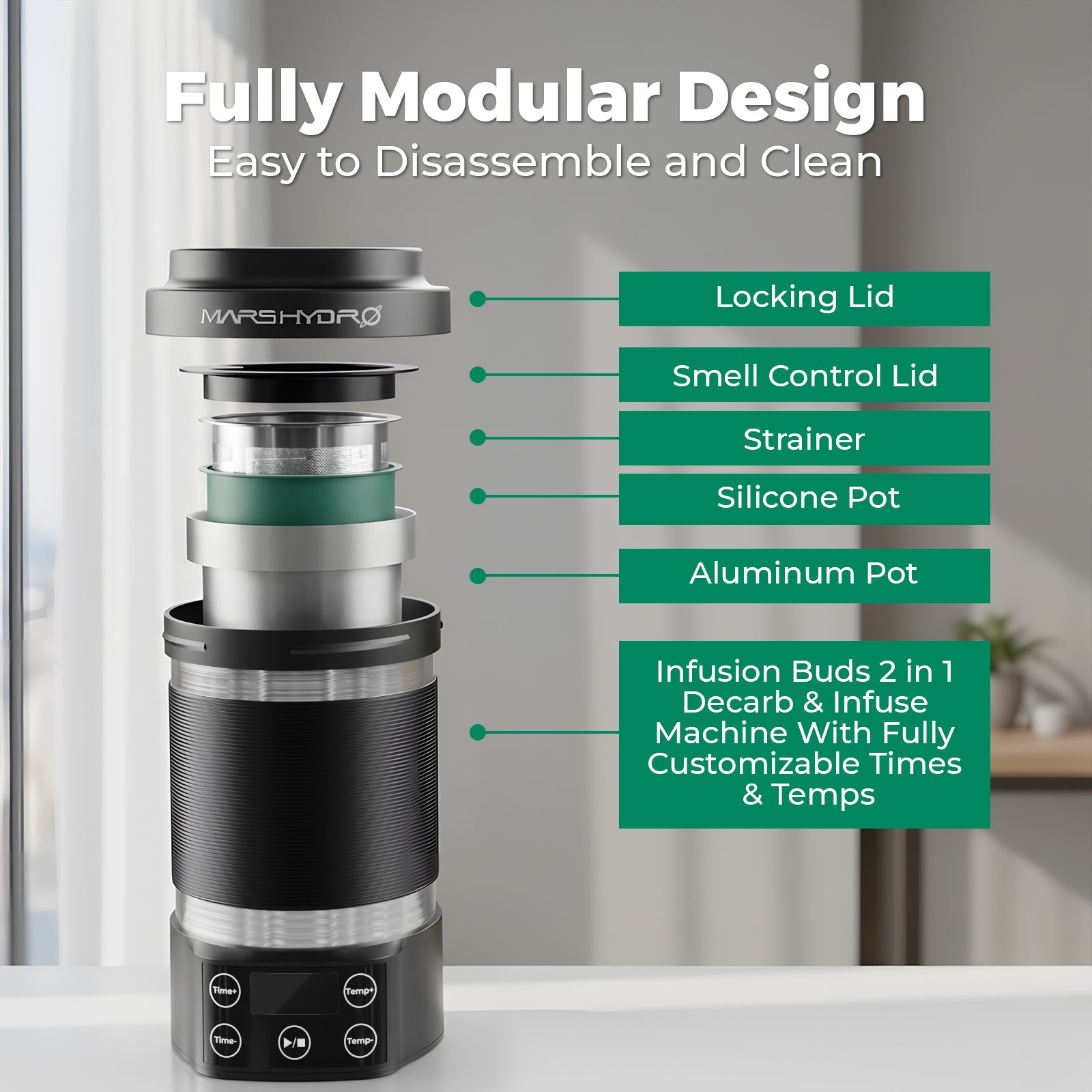 The Mars Hydro Decarboxylator & Infuser features a fully modular design with an aluminum pot and silicone components for easy cleaning.
