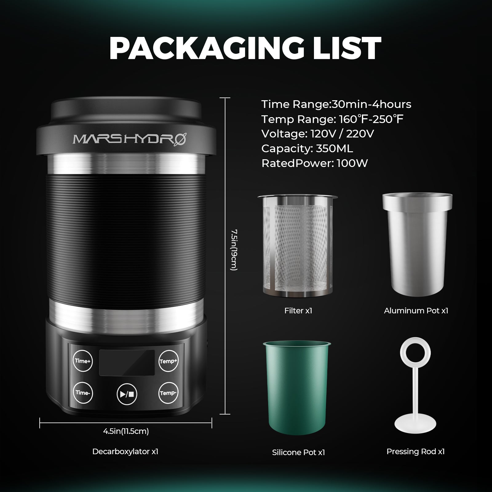 Mars Hydro Decarboxylator & Infuser in sleek black aluminum with a modern design — perfect for precise temperature control.