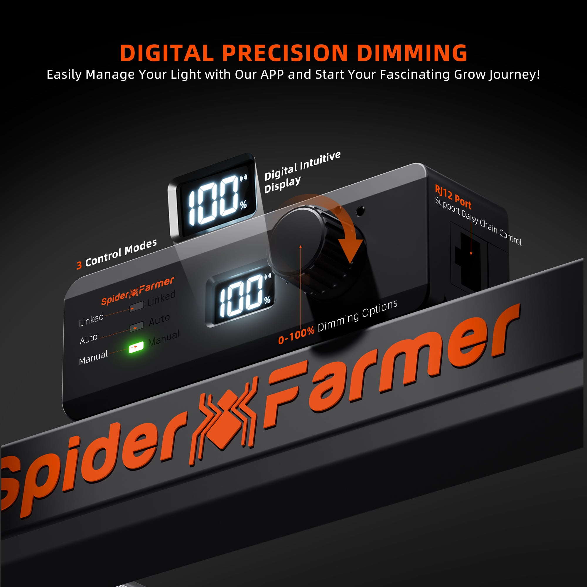 Black Spider Farmer SE5000 smart LED grow light with 480W Bridgelux and digital dimming display