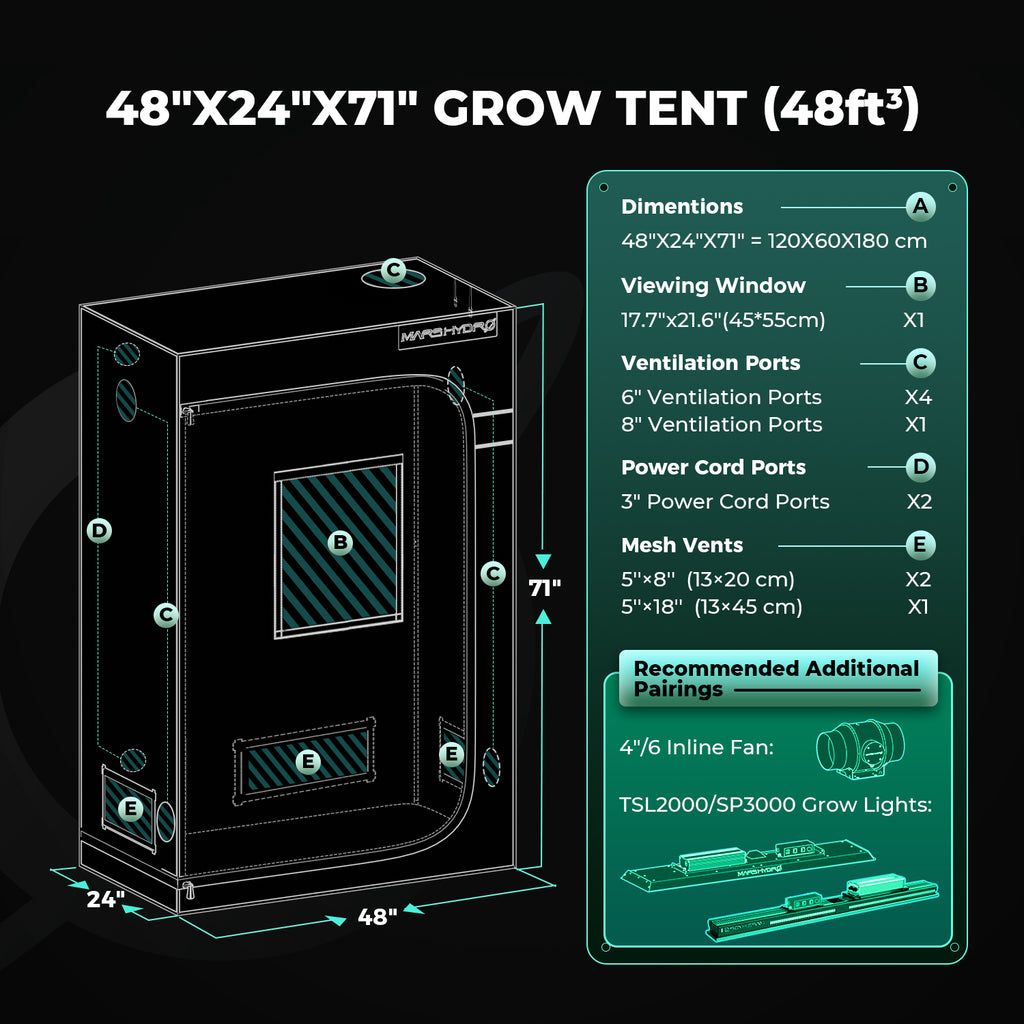 Mars Hydro grow tent in black with 120 x 60 x 180 cm dimensions, shown with ventilation ports and viewing window