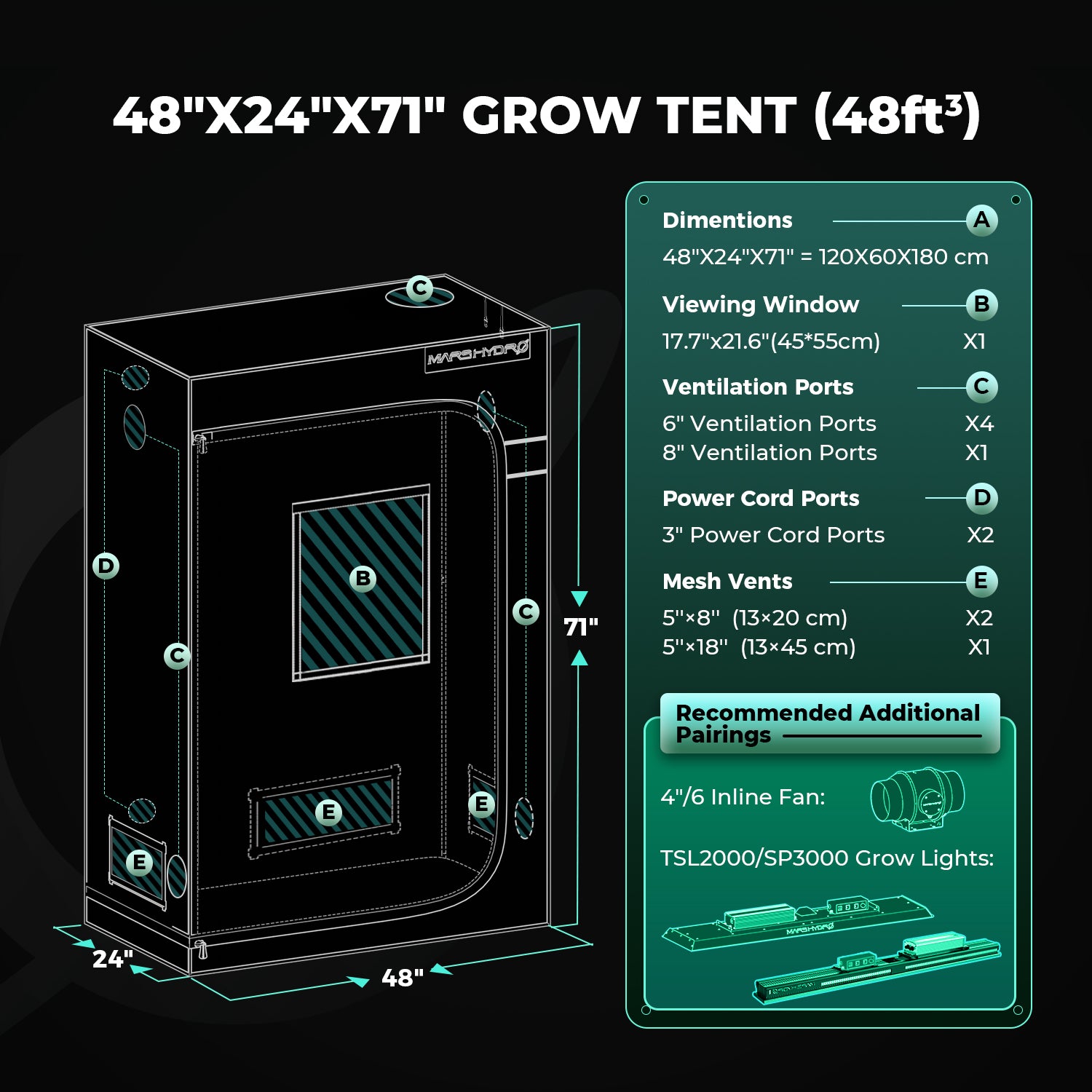 Mars Hydro grow tent in black with 120 x 60 x 180 cm dimensions, shown with ventilation ports and viewing window