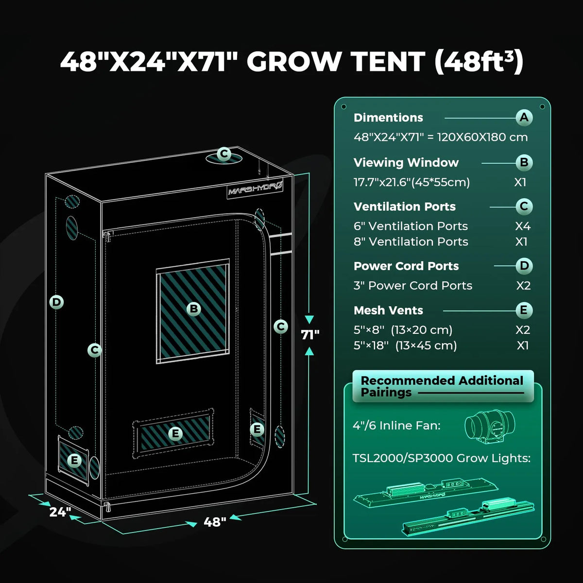 Mars Hydro grow tent in black with 120 x 60 x 180 cm dimensions, shown with ventilation ports and viewing window