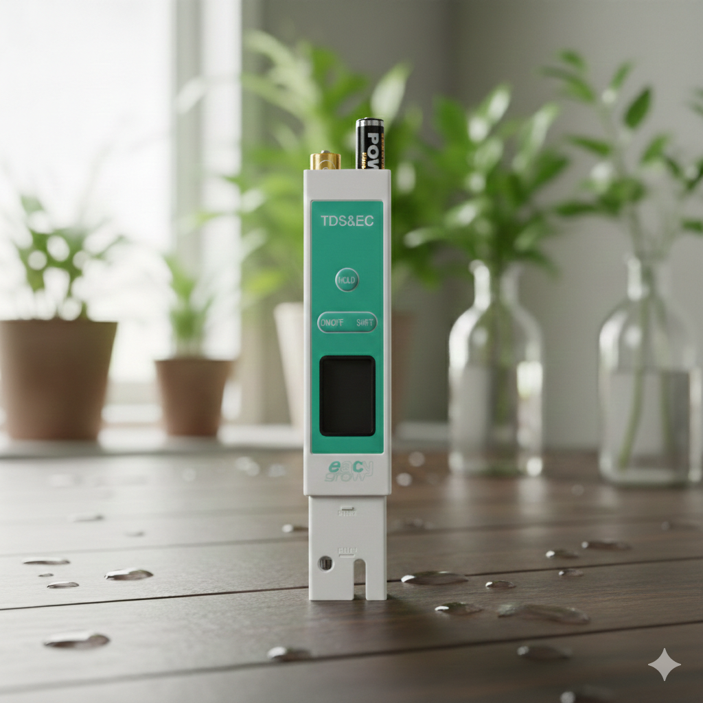 Nahaufnahme des oberen Batteriefachs des eacygrow TDS Messgeräts mit zwei eingesetzten AAA-Batterien in einem sauberen Indoor-Grow-Setting.