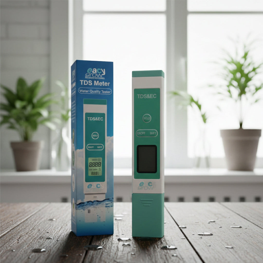 eacygrow TDS/EC meter in mint green with a digital display — perfect for measuring water quality with precision.
