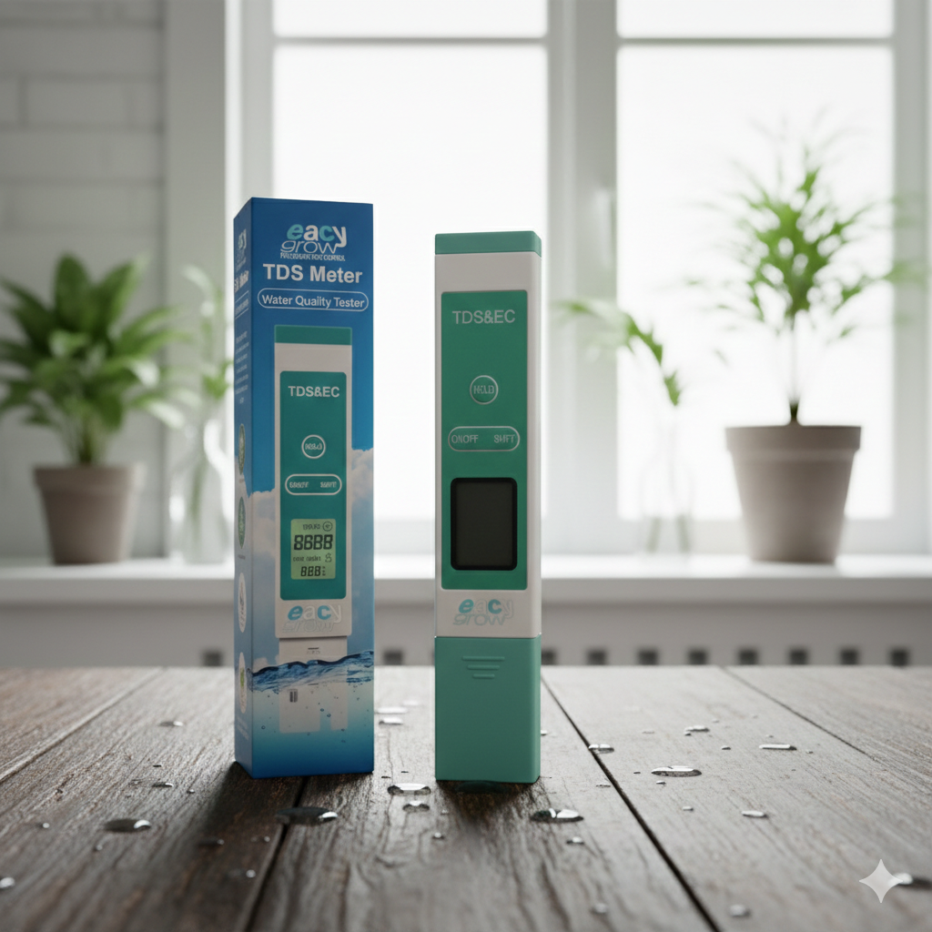 Produktpräsentation des eacygrow Wasserqualitätstesters neben seiner blau-weißen Originalverpackung in einem hellen, modernen Raumambiente.