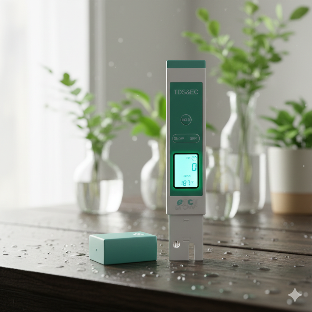 Hochwertiges Lifestyle-Produktbild des eacygrow TDS & EC Meters auf einem dunklen Holztisch mit Wassertropfen, im Hintergrund belebende grüne Pflanzen.
