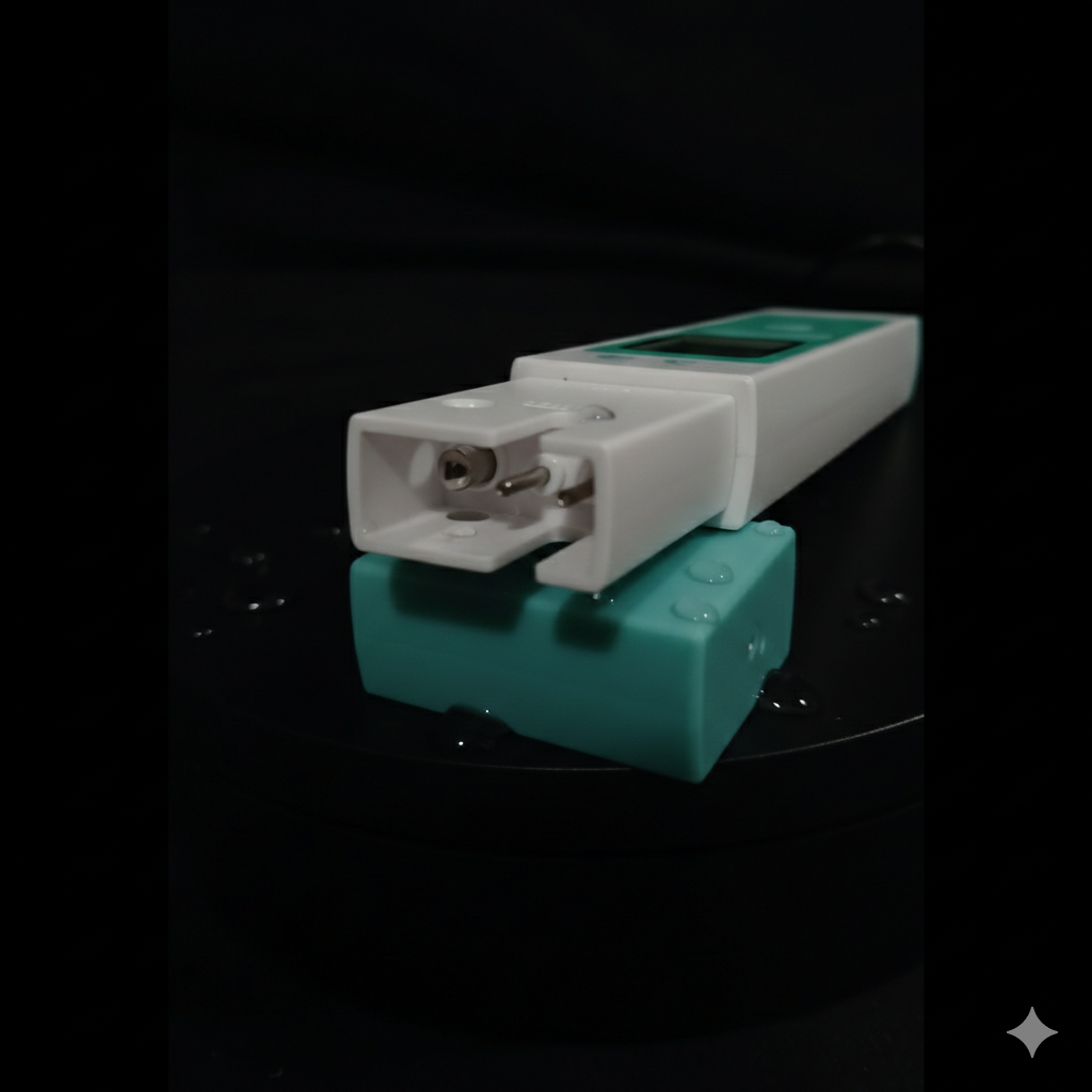 Detailaufnahme der Sensoren an der Unterseite des eacygrow Messgeräts, liegend auf der abgenommenen türkisfarbenen Schutzkappe mit Wassertropfen.