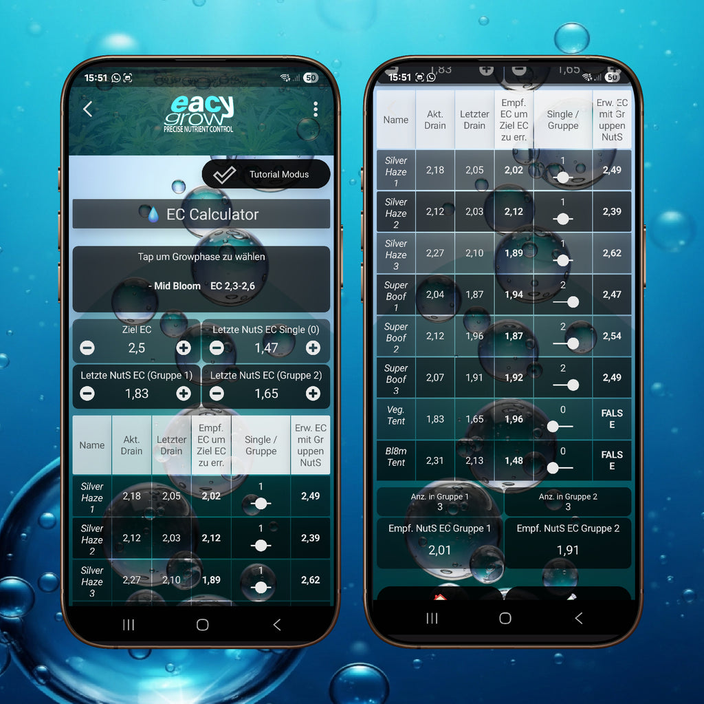 Das Interface des eacygrow EC-Calculators zur intelligenten Berechnung der Nährstoffkonzentration – Liefert sekundenschnelle Prognosen für den exakten Pflanzenbedarf und ermöglicht die strukturierte Verwaltung mehrerer Grow-Systeme in einer zentralen Übersicht.