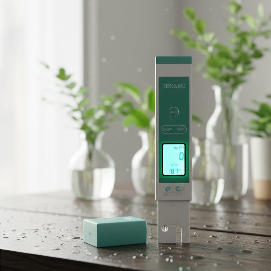 eacygrow TDS/EC meter in teal plastic with a digital display — perfect for measuring water quality with precision