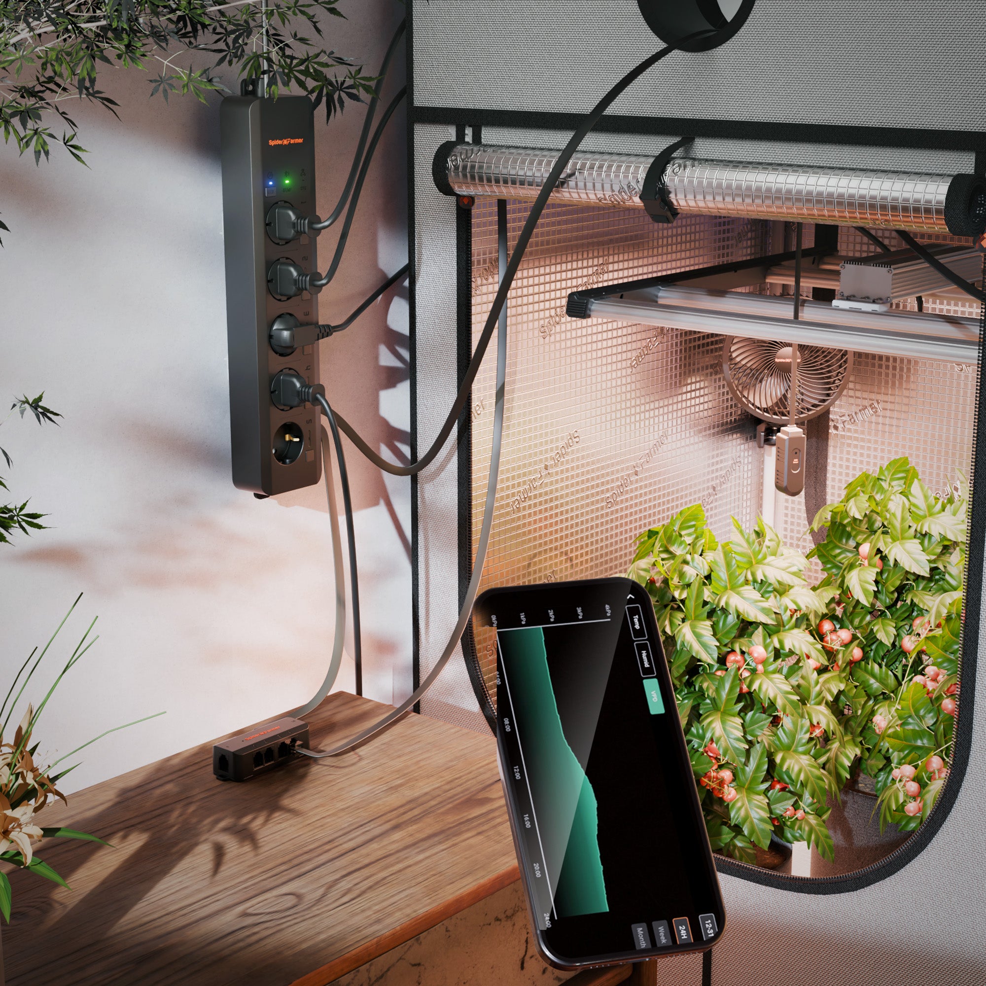 Smart power strip for grow tent automation by Spider Farmer, matte black, with app controlled Bluetooth and WLAN