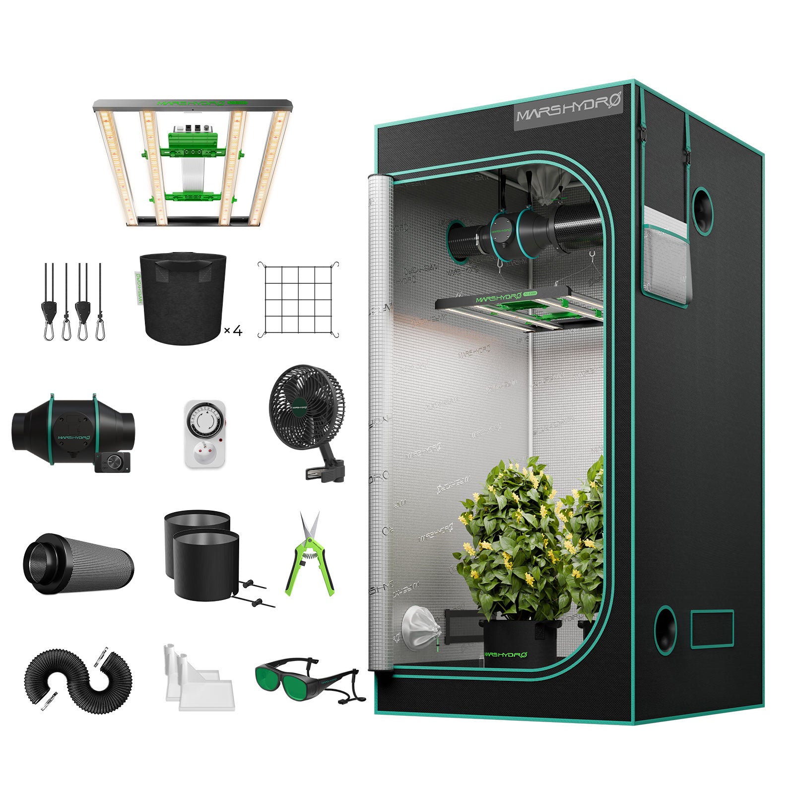 Mars Hydro FC-E3000 Komplett-Set Übersicht mit Bar-LED und 100x100cm Zelt.