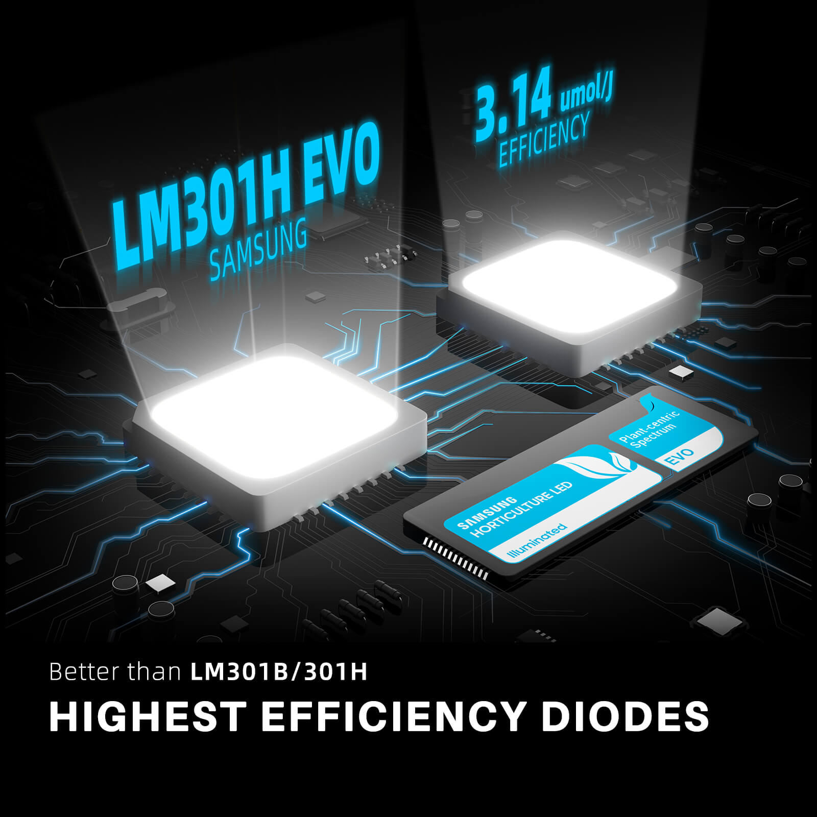 9. Nahaufnahme der leuchtenden Samsung LM301H EVO Dioden auf dem 450W LED-Panel.