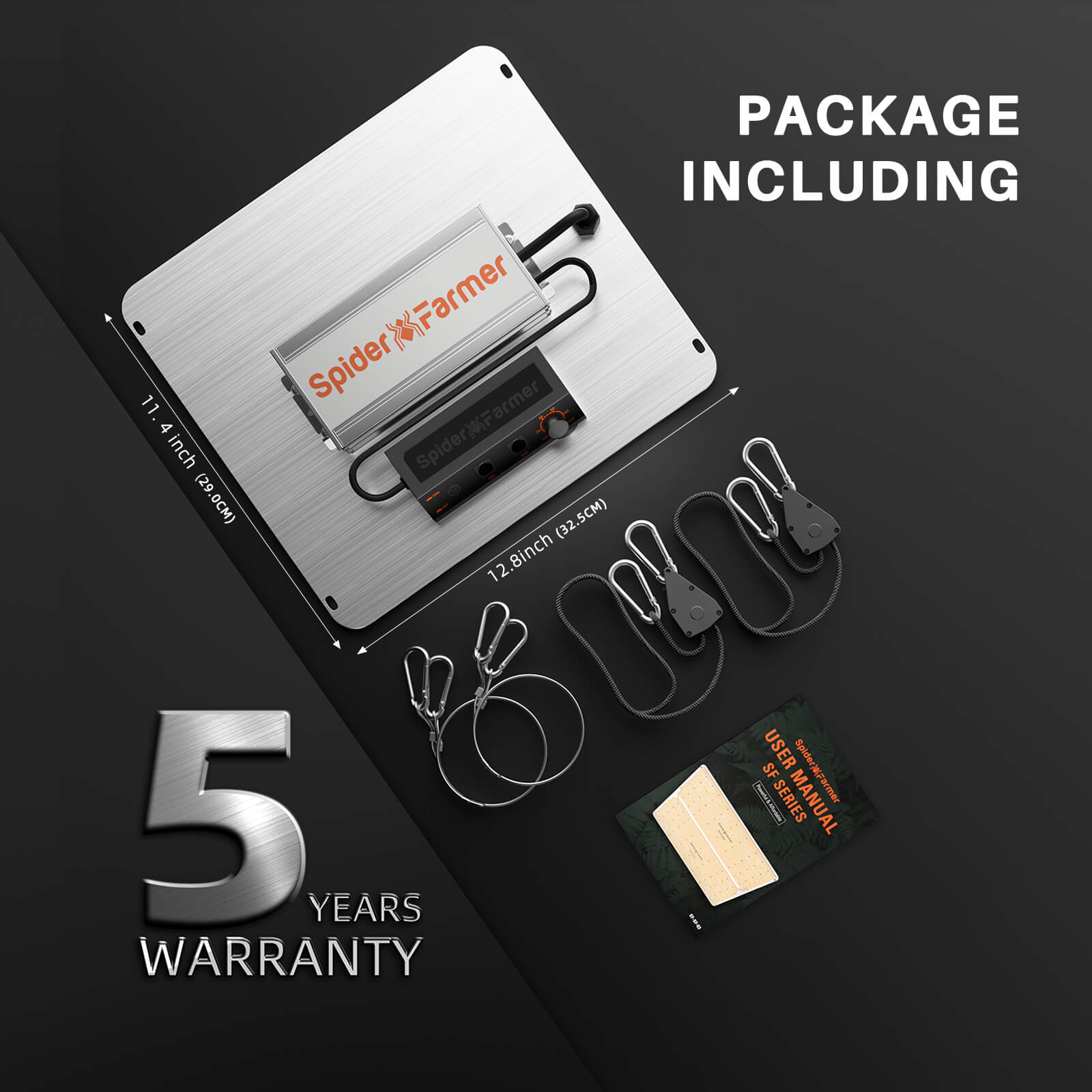 Vollständiger Lieferumfang der SF1000 100W inklusive Kabel und Aufhängung.