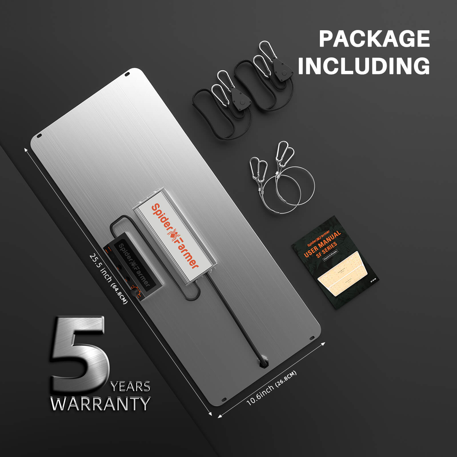 Vollständiger Lieferumfang der SF2000 200W inklusive Kabel und Aufhängung.