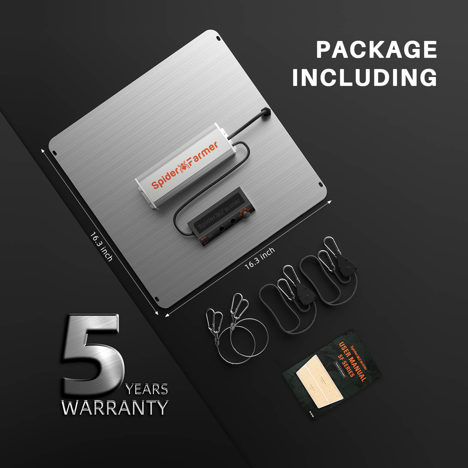 Vollständiger Lieferumfang der SF2000Pro 200W inklusive Kabel und Aufhängung.