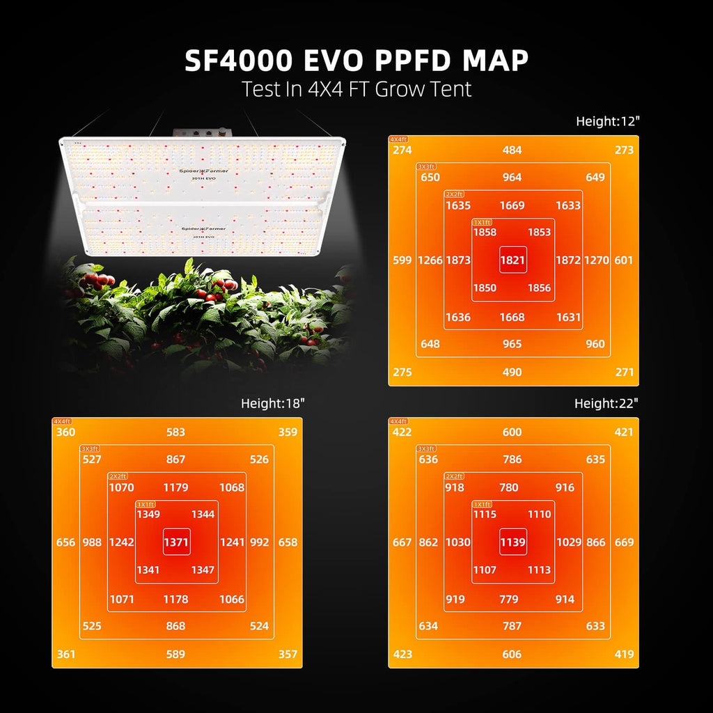 PPFD-Map Diagramm zur Lichtverteilung der SF4000 LED auf 120x120cm Fläche.