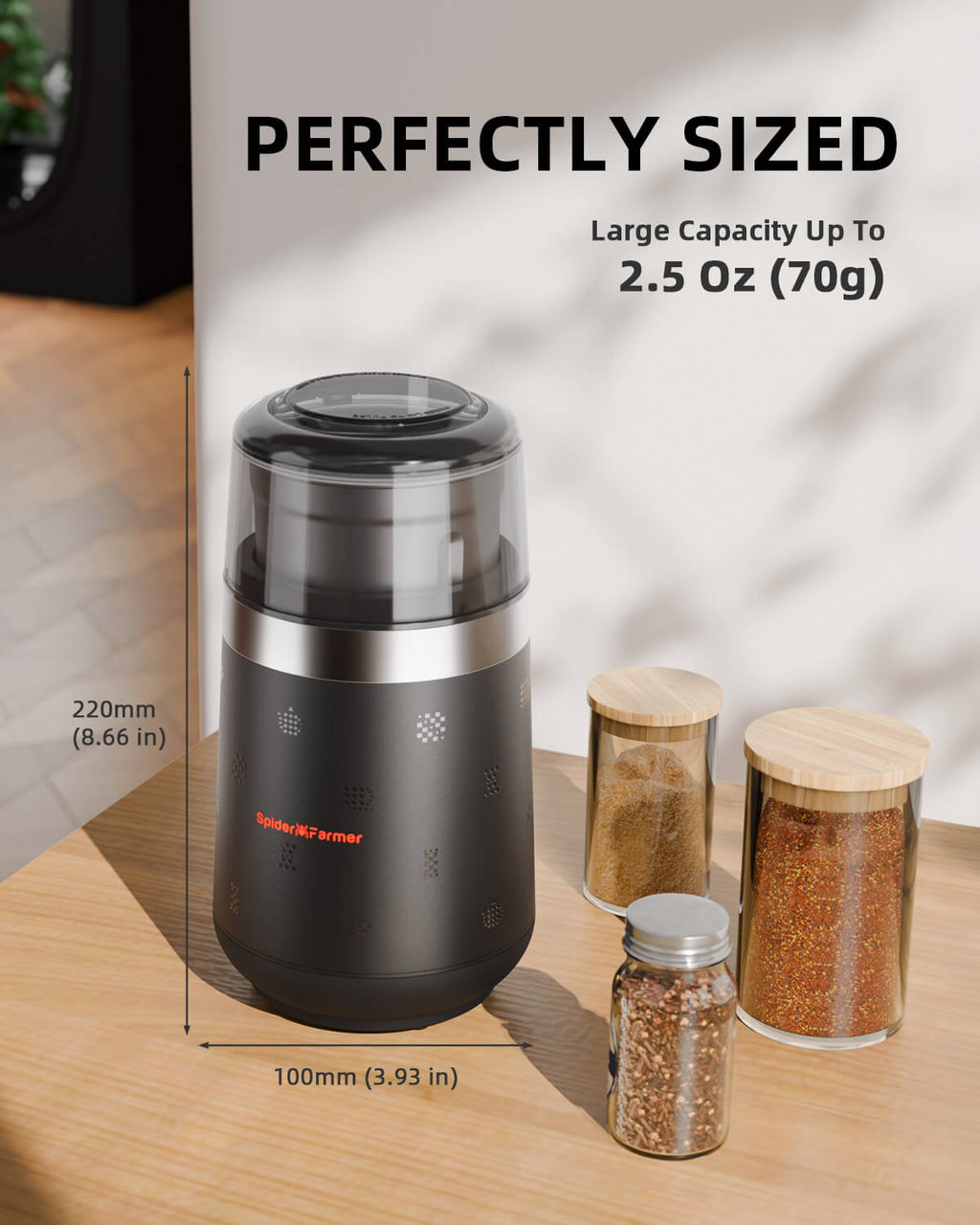 Electric spice grinder in matte black with stainless steel bowl, Spider Farmer Electric Grinder Pro, one touch press control