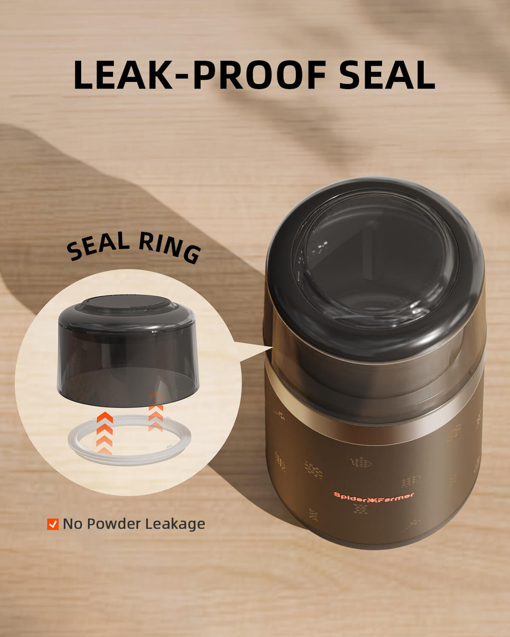Electric spice grinder in dark stainless steel by Spider Farmer Pro with one touch press control and no powder leakage