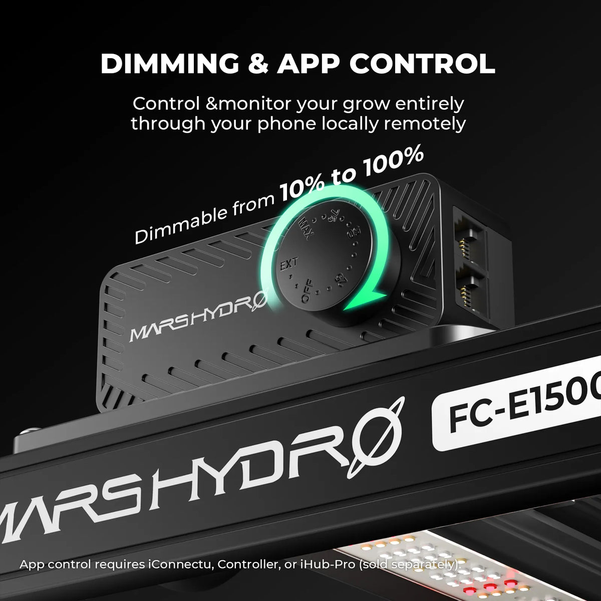 Black Mars Hydro grow light with illuminated green dimming dial, power outlets, and app control text