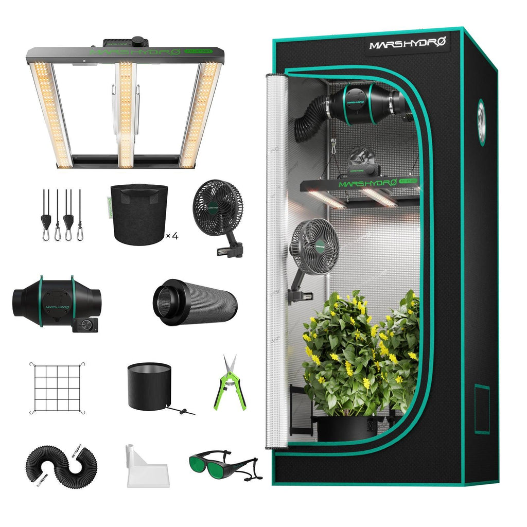 Mars Hydro FC-E1500 Komplett-Set Übersicht mit Bar-LED und 80x80cm Zelt.