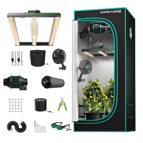 Mars Hydro FC-E1500 Komplett-Set Übersicht mit Bar-LED und 80x80cm Zelt.