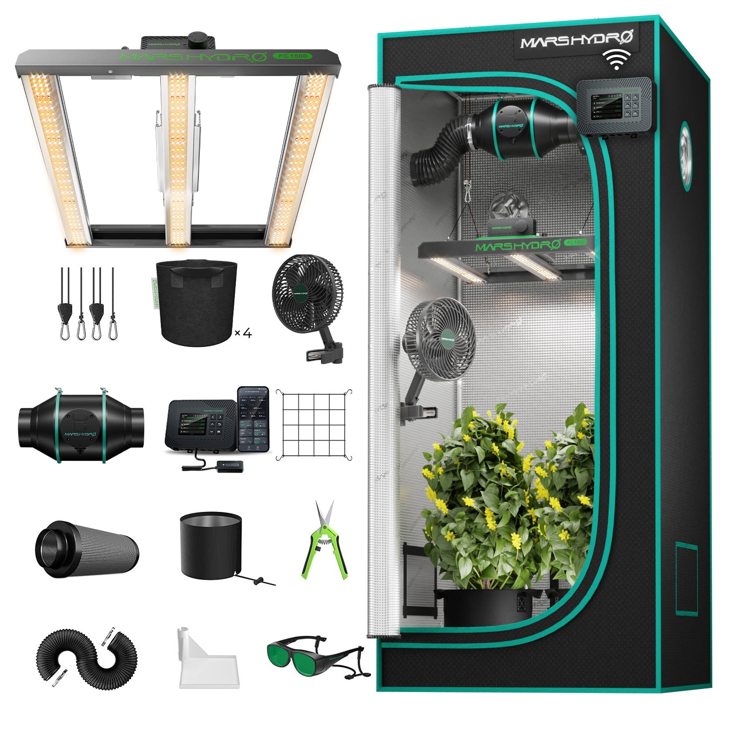 Mars Hydro FC-E1500 Smart Komplett-Set mit Bar-LED und 80x80cm Zelt.