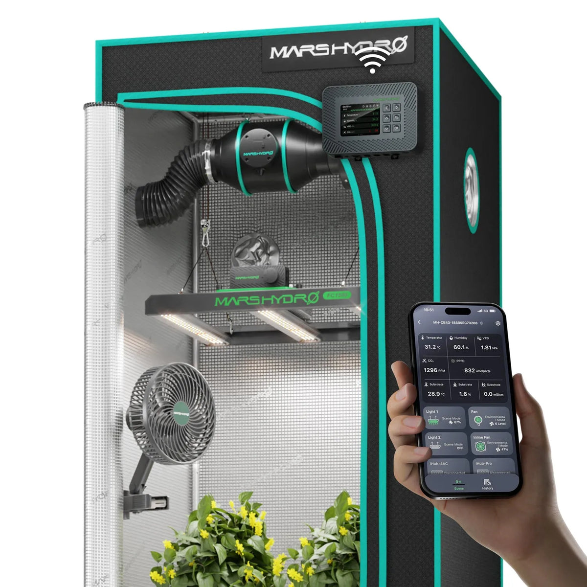 Indoor grow tent with ventilation fan, LED light, circulation fan, plants, and a smartphone showing control settings