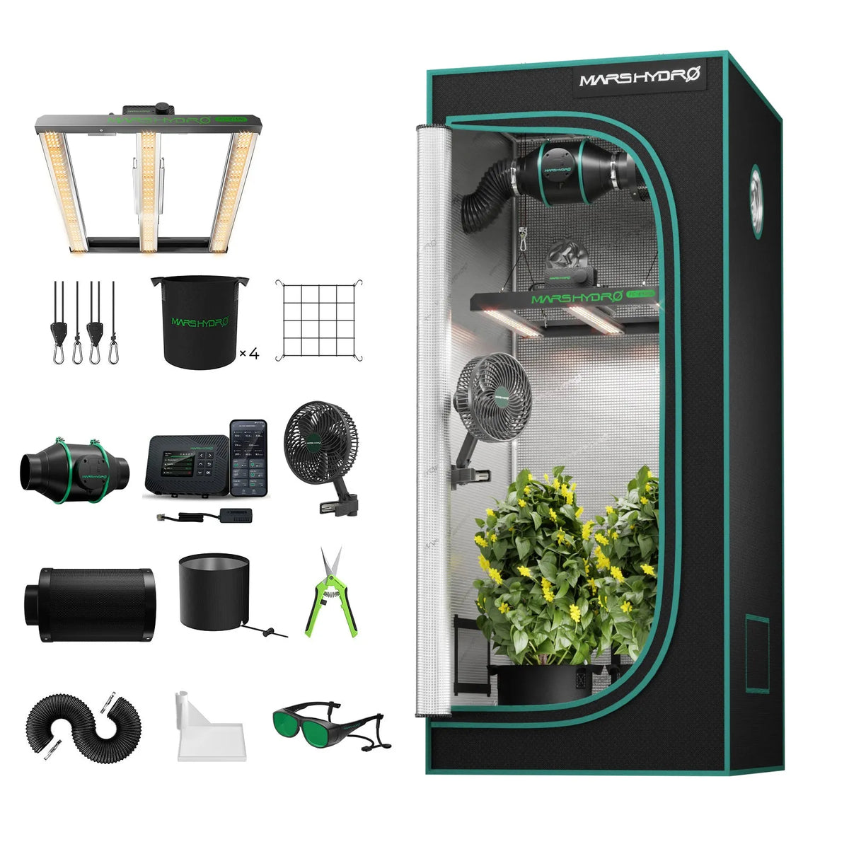 Black indoor grow tent with teal trim, LED light, ventilation fans, carbon filter, plant pots, and gardening accessories