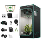 Black indoor grow tent with reflective interior, leafy plant, LED light, ventilation fan, pots, timer, and accessories